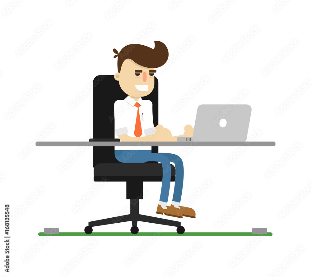 Businessman work on laptop icon. Modern office workspace concept vector illustration in flat design.