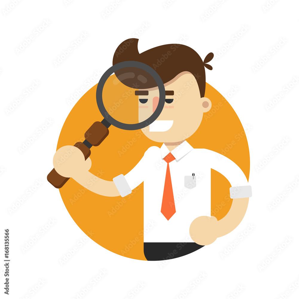 Businessman with magnifier isolated icon. Business project and realization vector illustration in flat design.