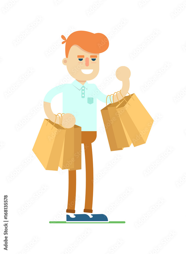 Smiling man with shopping bag icon. Shopping in supermarket, retail vector illustration in flat design. Smiling man with shopping bag icon. Shopping in supermarket, retail vector illustration in flat design.