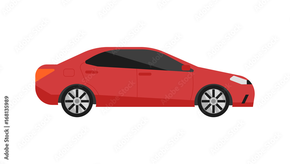 Red sedan car icon isolated on white background vector illustration. Modern automobile, people transportation, auto vehicle in flat design.