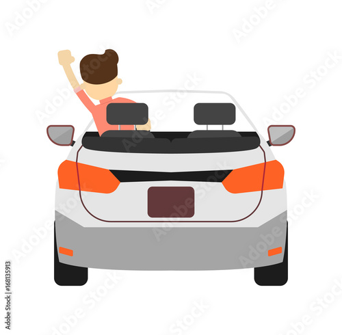 Back view car with driver icon isolated on white background vector illustration. Modern automobile, people transportation, auto vehicle in flat design.