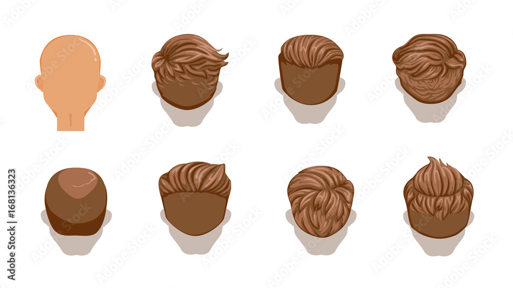 Hair man Set of men cartoon hairstyles. Brown Hair. Rear view. Collection of fashionable stylish types. Detailed and unique. Vector illustration Hair man Set of men cartoon hairstyles. Brown Hair. Rear view. Collection of fashionable stylish types. Detailed and unique. Vector illustration