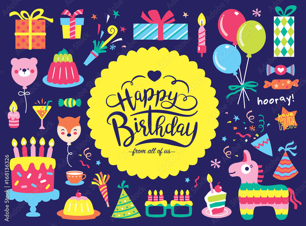 Birthday greeting card with colourful party elements