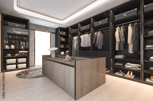 3d rendering minimal loft dark wood walk in closet with wardrobe photo