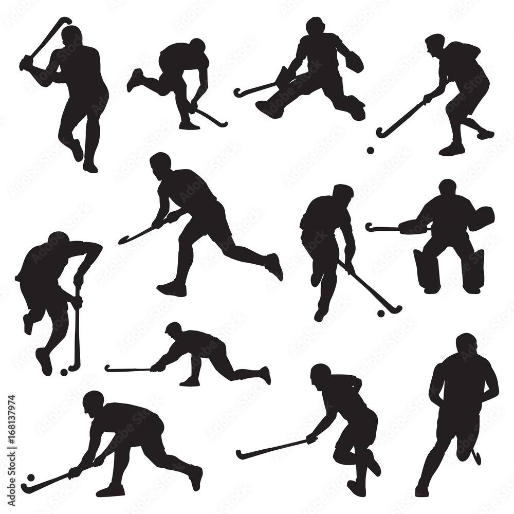 Naklejka premium Hockey Field on Grass Athlete Silhouette Set