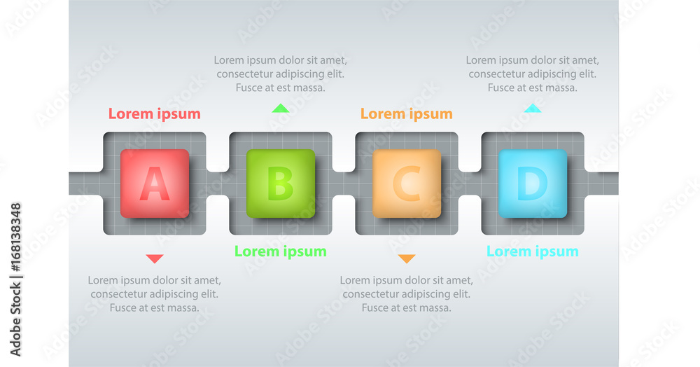 Four topics of colorful 3d square in timeline carve white template on white grid for website presentation cover poster vector design infographic illustration concept Four topics of colorful 3d square in timeline carve white template on white grid for website presentation cover poster vector design infographic illustration concept