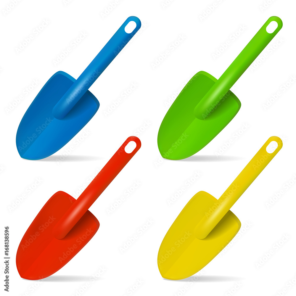 Scoop. Plastic toy for playing in sand. Set of multicolored isolated objects on white background. Vector illustration.