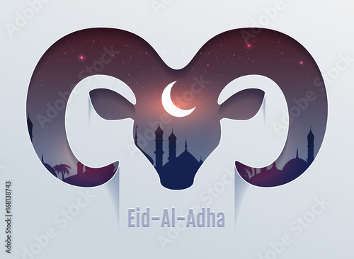 Eid al Adha Feast of Sacrifice. Head of ram silhouette, minaret and moon in night sky