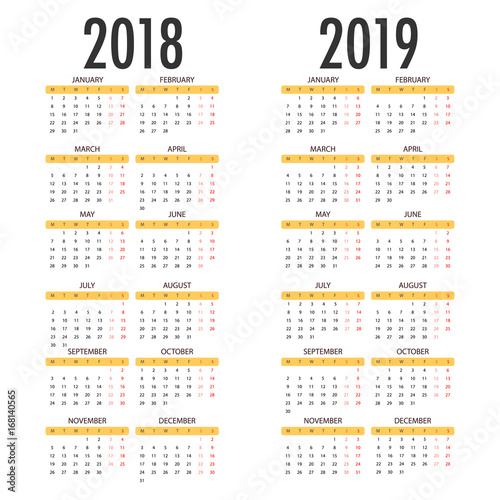 English calendar for years 2018 and 2019, week starts on Monday