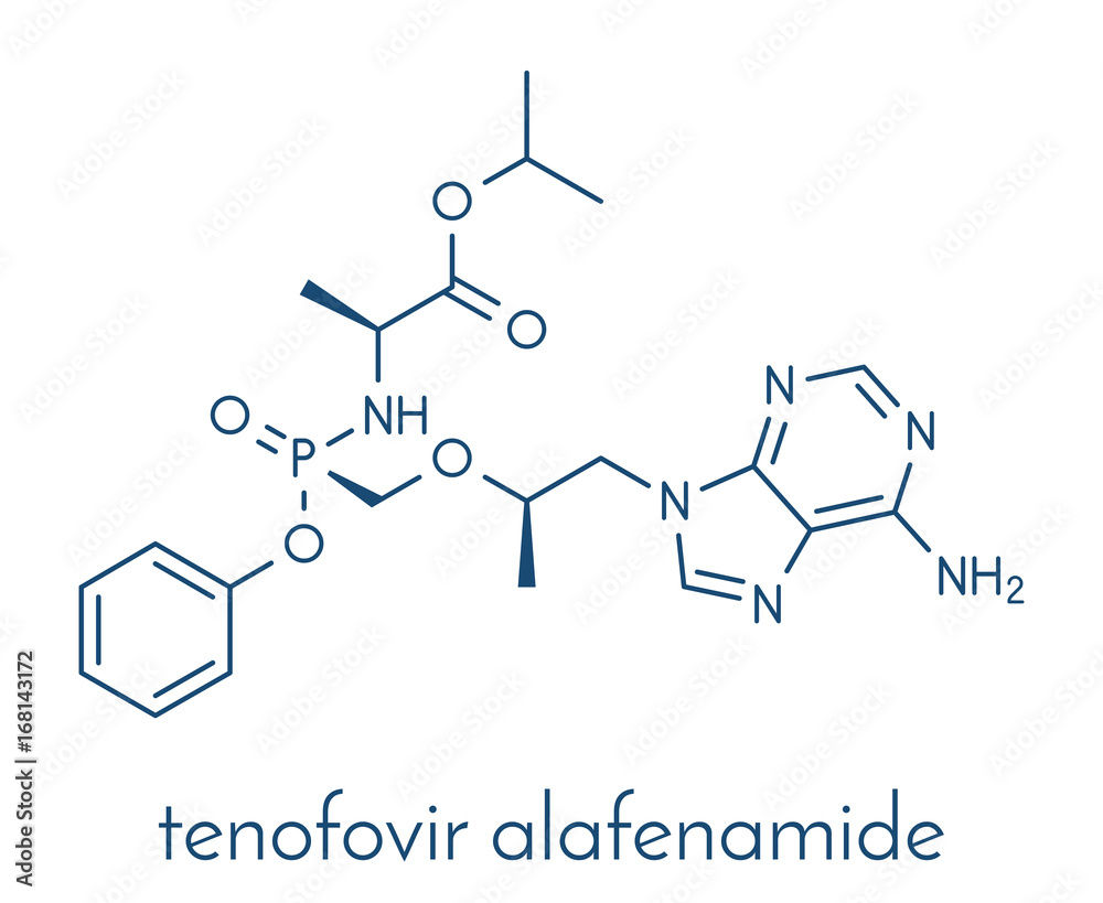 Tenofovir alafenamide antiviral drug molecule (prodrug of tenofovir). Skeletal formula.