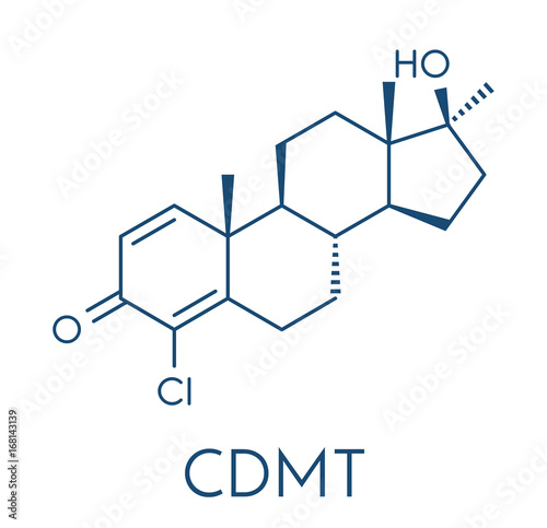 Chlorodehydromethyltestosterone (CDMT) androgenic and anabolic steroid molecule, used in sports doping. Skeletal formula.