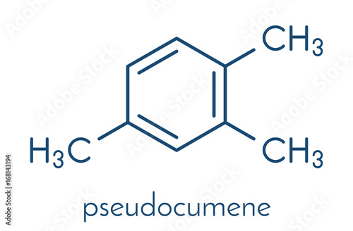 Pseudocumene (1,2,4-trimethylbenzene) aromatic hydrocarbon molecule. Occurs in naturally in coal tar and petroleum. Skeletal formula.