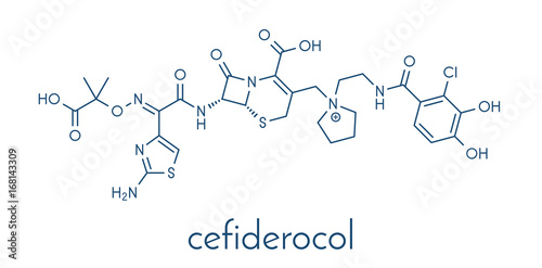 Cefiderocol antibiotic drug molecule (cephalosporin class). Skeletal formula.