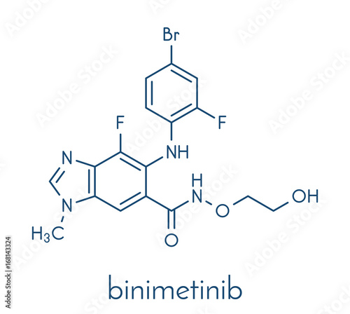 Binimetinib cancer drug molecule (MEK inhibitor). Skeletal formula.