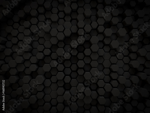 abstract 3d black background hexagon honey comb shaped small scattered for modern technology and business render.