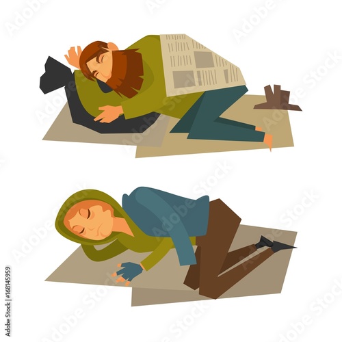 Homeless man and woman sleep on cardboard sheet