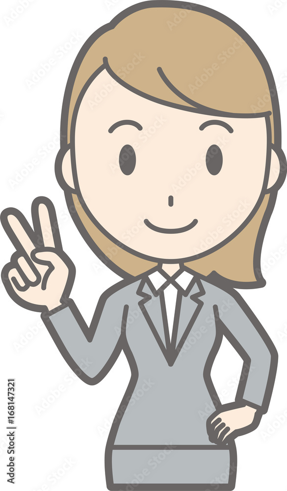 Illustration of a young woman wearing a suit signs a peace sign