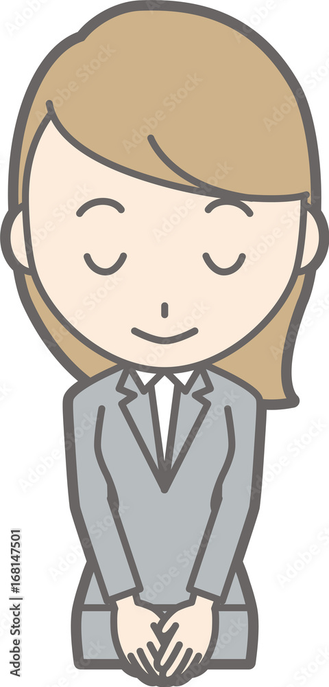 Illustration that a young woman in a suit bows with a smile
