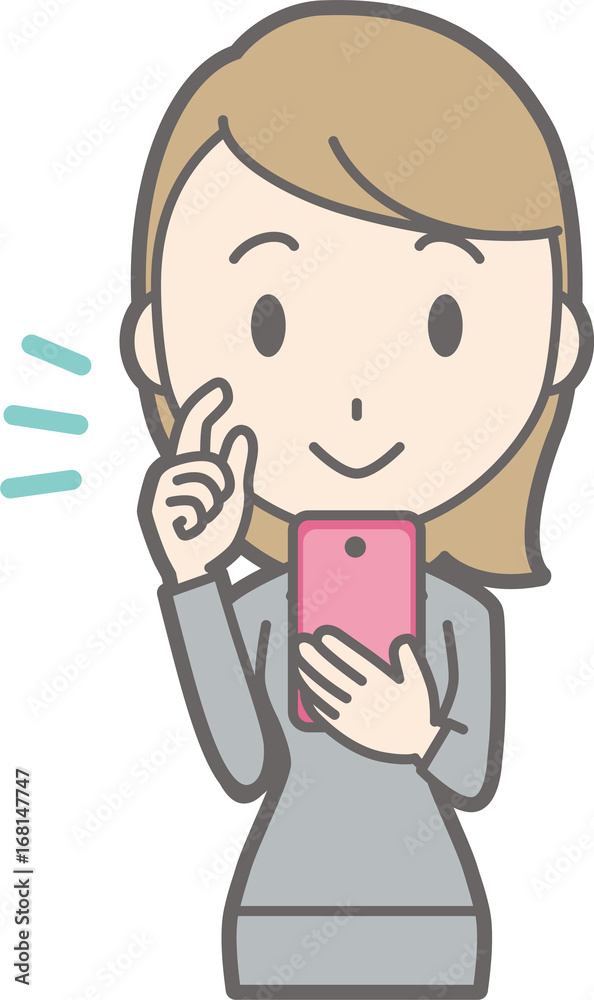 Illustration of a young woman in a suit holding a smartphone smiling Illustration of a young woman in a suit holding a smartphone smiling