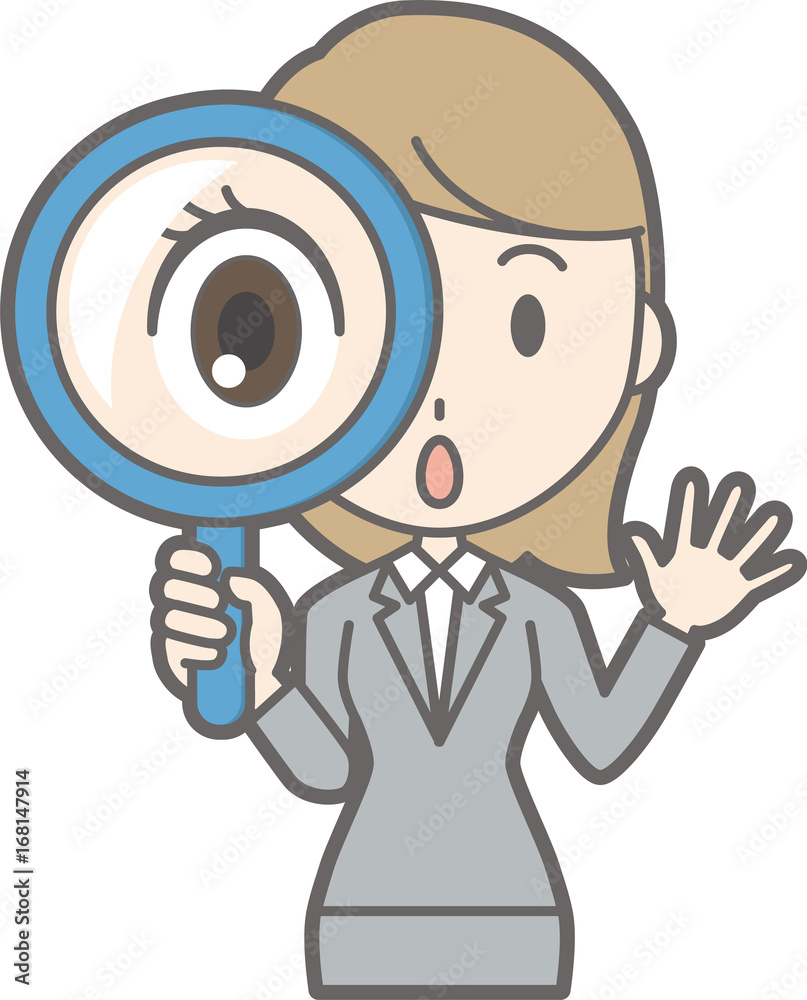 Illustration of a young woman in suit wearing a magnifying glass Illustration of a young woman in suit wearing a magnifying glass
