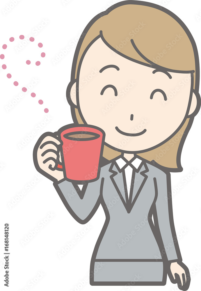 Illustration of a young woman in a suit drinking coffee Illustration of a young woman in a suit drinking coffee
