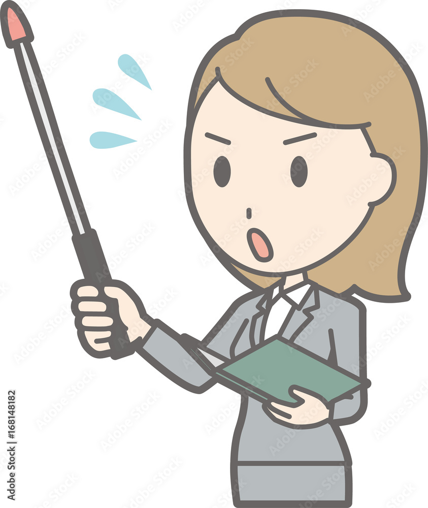 A young woman in suit wears an instruction stick and is impatient Illustration A young woman in suit wears an instruction stick and is impatient Illustration