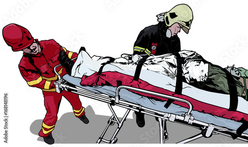Rescuers and Saved Man on Stretcher - Colored Illustration, Vector