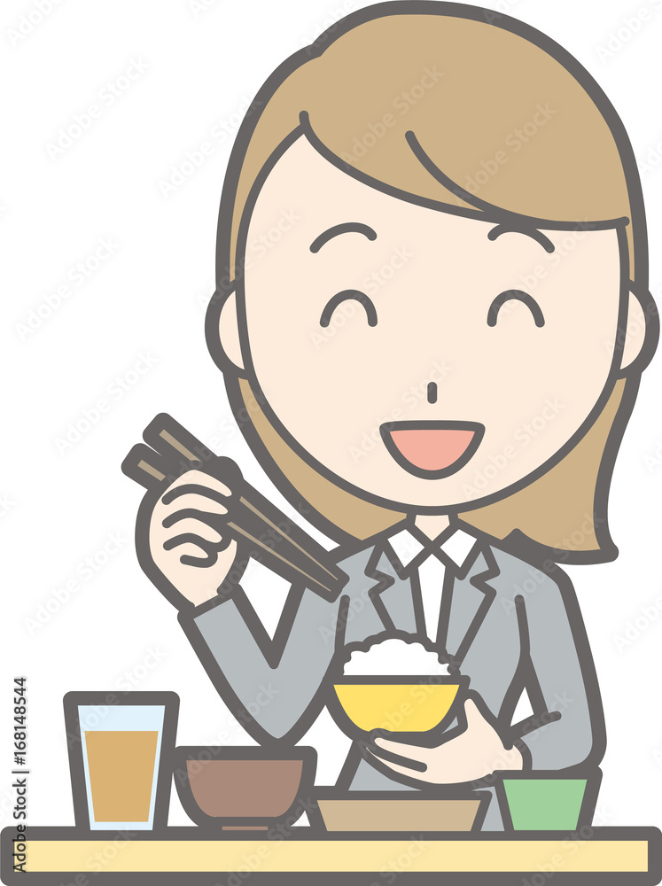 A young woman in suit wears Japanese food Illustration