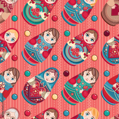 Russian souvenir. Matryoshka - babushka doll. Seamless pattern. Vector