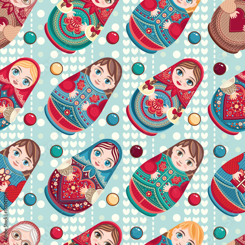 Russian souvenir. Matryoshka - babushka doll. Seamless pattern. Vector