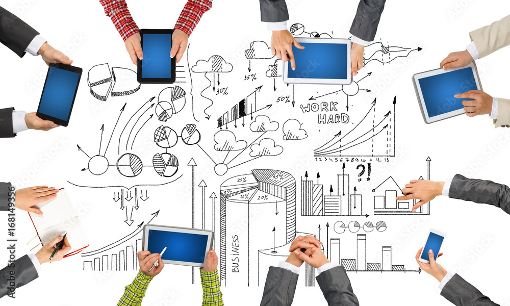 Top view of businesspeople sitting at table and using gadgets Top view of businesspeople sitting at table and using gadgets