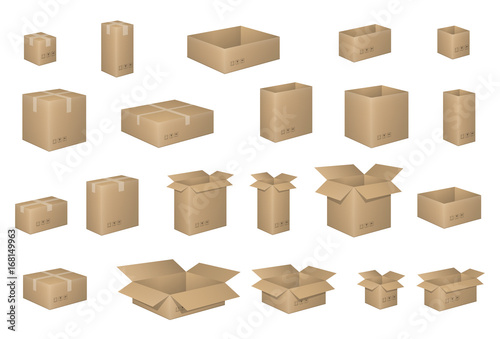 Big Set of isometric cardboard boxes isolated on white. Carton box Organized by layers. Vector illustration of packaging. Delivery packaging open and closed cardboard with fragile signs.