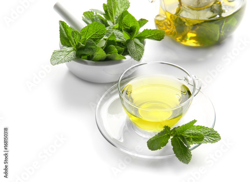 Composition with herbal tea on white background. Weight loss concept