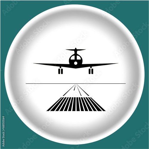 Icon black landing plane on white plate blue grey background. 