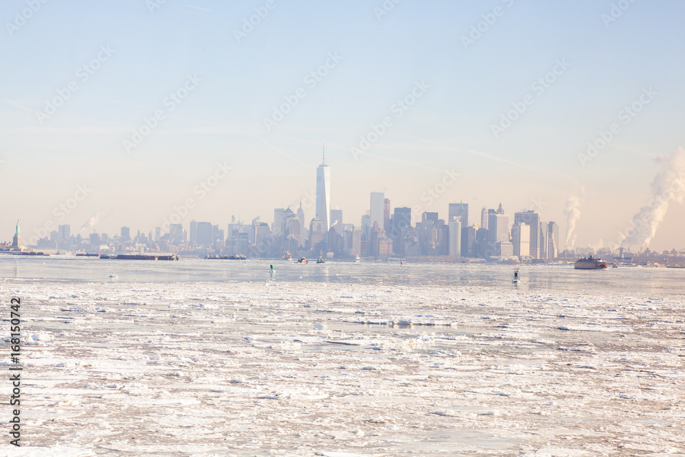 NYC Freezes over. Frozen Hudson River. Climate Change. Winter.