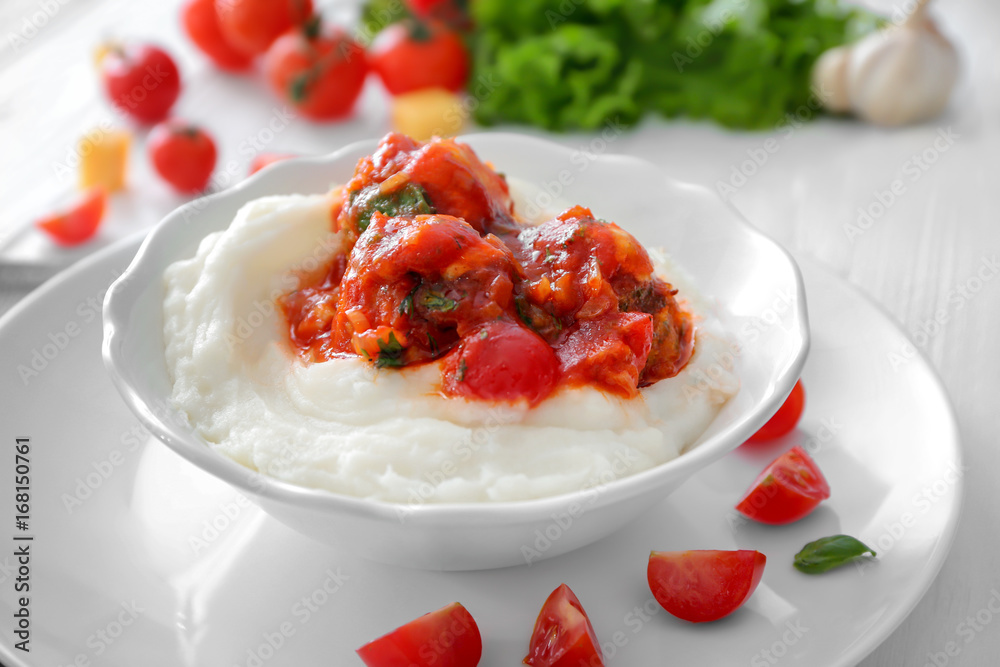 Plate with delicious turkey meatballs and mashed potato on table Plate with delicious turkey meatballs and mashed potato on table
