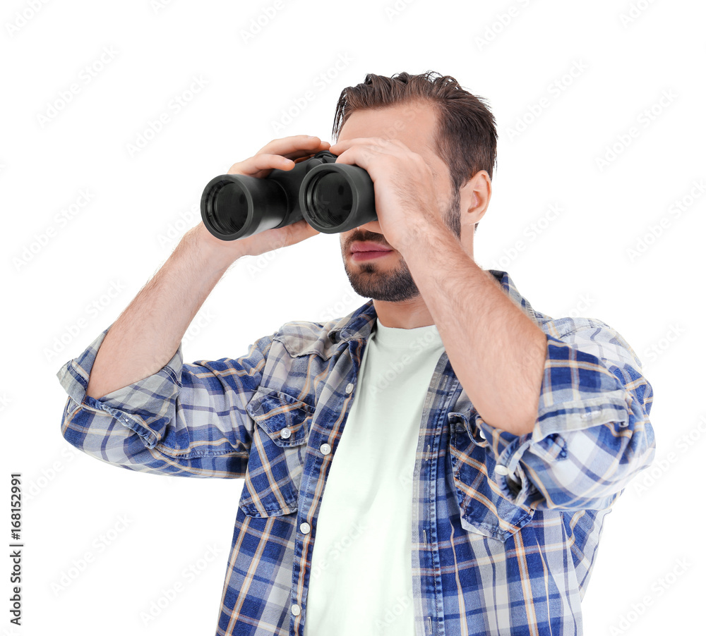 Handsome young man with binocular on white background Handsome young man with binocular on white background