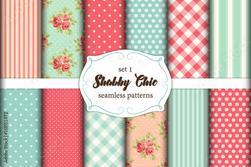 Set of 12 cute seamless Shabby Chic patterns with roses, polka dots. stripes and plaid