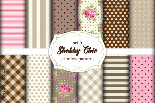 Set of 12 cute seamless Shabby Chic patterns with roses, polka dots. stripes and plaid