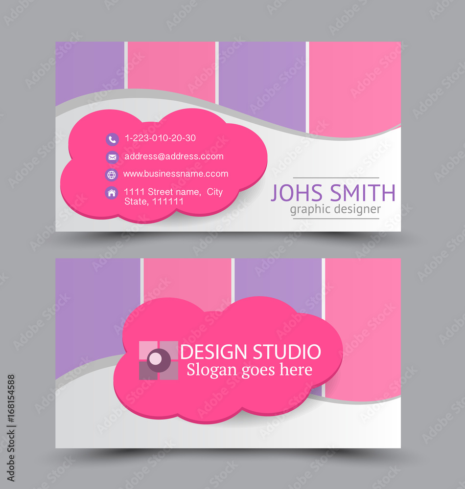 Business card design set template for company corporate style. Purple and pink color. Vector illustration.