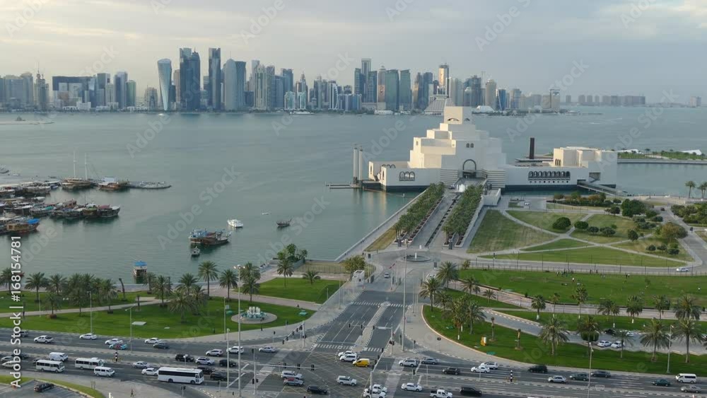 Aerial view from the Museum of Islamic Art on the Corniche with in the Dhow Harbour in Doha Qatar Aerial view from the Museum of Islamic Art on the Corniche with in the Dhow Harbour in Doha Qatar