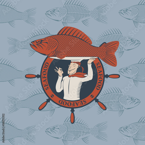 Vector banner for seafood with a handwheel and a smiling chef with the fish on the tray, and a tray on his head on the background from fish in the sea