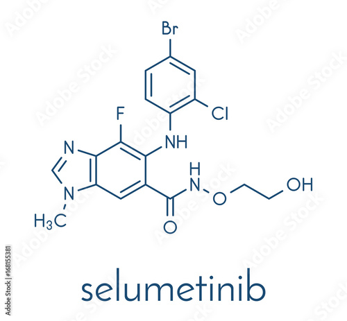 Selumetinib cancer drug molecule (MEK1 and MEK2 inhibitor). Skeletal formula.