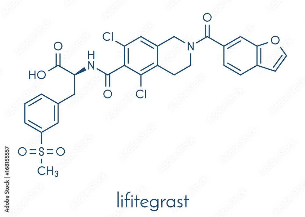 Fototapeta premium Lifitegrast drug molecule. Used in the treatment of keratoconjunctivitis sicca. Skeletal formula.