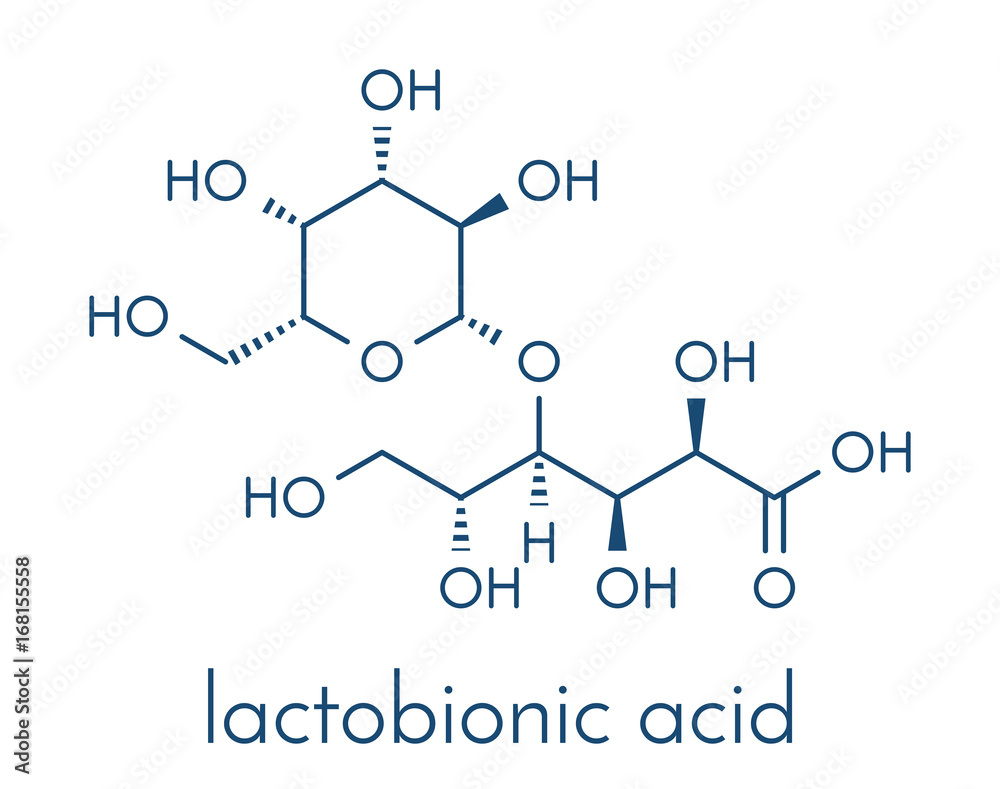Lactobionic acid (lactobionate) molecule. Commonly used additive in food products, medicinal products and cosmetics. Skeletal formula. Lactobionic acid (lactobionate) molecule. Commonly used additive in food products, medicinal products and cosmetics. Skeletal formula.