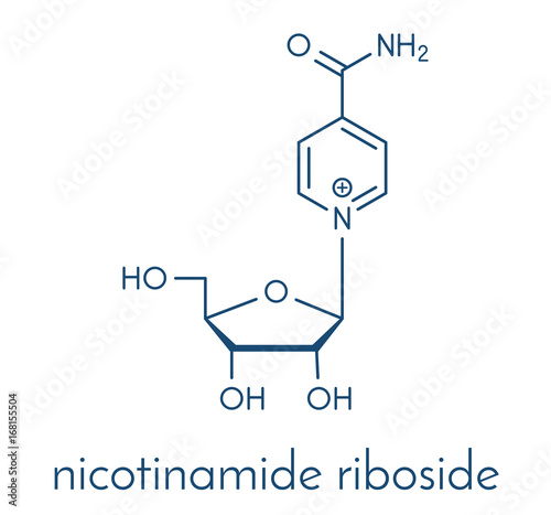 Nicotinamide riboside (NR) molecule. Precursor of nicotinamide adenine dinucleotide (NAD).  Skeletal formula.