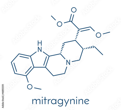 Mitragynine molecule. Herbal alkaloid present in kratom (ketum, Mitragyna speciosa). Skeletal formula.
