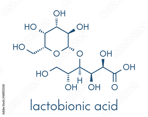 Lactobionic acid (lactobionate) molecule. Commonly used additive in food products, medicinal products and cosmetics. Skeletal formula.