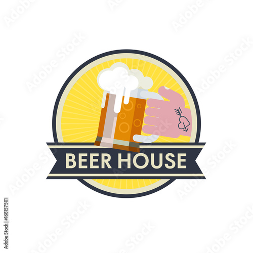 Logo beer house. Arm with a tattoo holding a mug of beer.