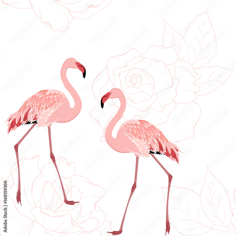 Obraz premium Exotic pink flamingo birds. Rose flowers bloom blossom outline background. Seamless pattern texture. Tender romantic couple love wedding theme. Vector design illustration.